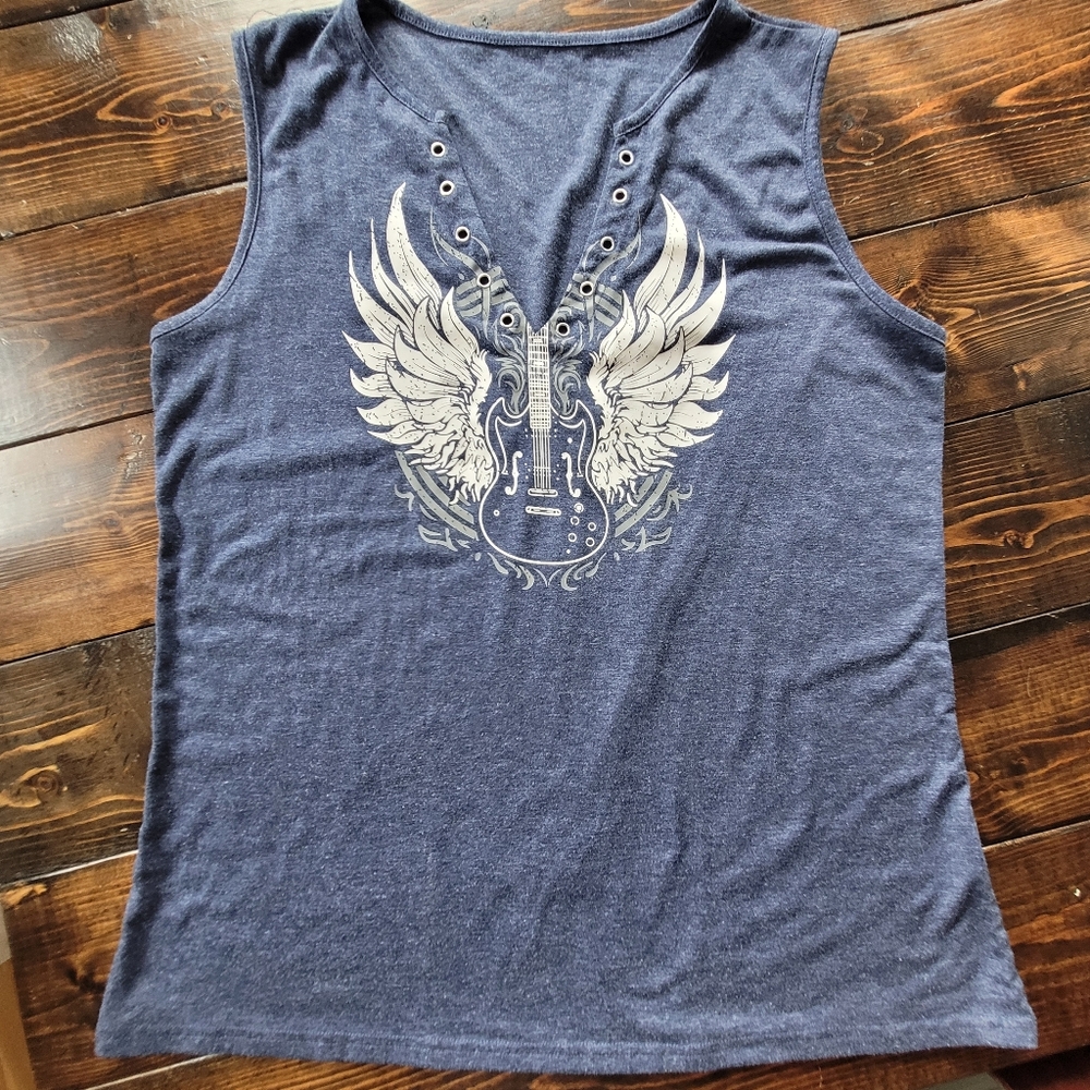 Sleeveless Navy Blue Guitar Graphic Lace-Up Tank Top - Women's